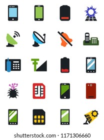 Color and black flat icon set - mobile phone vector, virus, satellite antenna, cell, low battery, back, sim, mute, cellular signal, office, sun panel