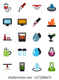Color and black flat icon set - hot cup vector, water drop, dropper, flammable, monitor, alcohol, drink, cocktail, filter, sprinkler, flask