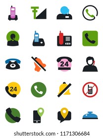 Color and black flat icon set - phone vector, no mobile, office, 24 hours, support, tracking, radio, call, mute, cellular signal, reception
