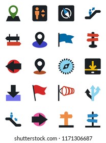 Color and black flat icon set - elevator vector, escalator, signpost, right arrow, left, wind, route, pin, download, place tag, compass, flag, guidepost