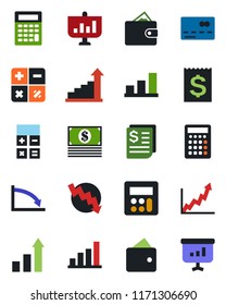 Color and black flat icon set - credit card vector, growth statistic, calculator, crisis graph, receipt, bar, wallet, cash, presentation