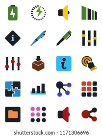 Color and black flat icon set - package vector, sorting, settings, touch screen, menu, folder, charge, application, pen, sound, information, social media