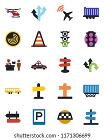 Color and black flat icon set - plane radar vector, taxi, airport bus, parking, passport control, signpost, alarm car, border cone, helicopter, route, traffic light, truck trailer, guidepost