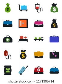 Color and black flat icon set - suitcase vector, baggage conveyor, trolley, larry, checkroom, case, money bag, fertilizer, doctor, dropper