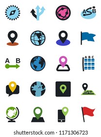 Color and black flat icon set - globe vector, seat map, route, navigation, earth, pin, mobile tracking, network, place tag, compass, flag