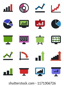 Color and black flat icon set - growth statistic vector, presentation board, crisis graph, circle chart, monitor pulse, statistics, bar, pie, point