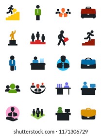 Color and black flat icon set - manager vector, pedestal, place, client, case, company, desk, career ladder, group