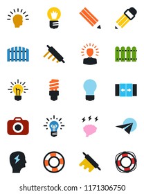 Color and black flat icon set - automatic door vector, brainstorm, bulb, camera, pencil, fence, rolling pin, energy saving, shining head, idea, paper plane, crisis management