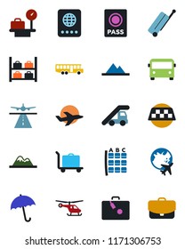 Color and black flat icon set - runway vector, taxi, suitcase, baggage trolley, airport bus, umbrella, passport, ladder car, helicopter, seat map, luggage storage, scales, plane globe, mountains