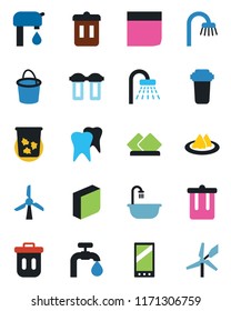 Color and black flat icon set - trash bin vector, shower, bucket, tooth, mobile, blank box, water supply, bathroom, serviette, filter, windmill