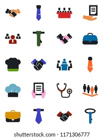 Color and black flat icon set - handshake vector, team, tie, document, stethoscope, meeting, cook hat, case