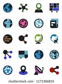 Color and black flat icon set - satellite antenna vector, globe, plane, earth, pin, consolidated cargo, network, share, news, social media