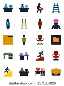Color and black flat icon set - manager vector, desk, place, ladder, folder, career, cook, office chair, case