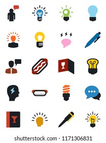 Color and black flat icon set - speaking man vector, pen, brainstorm, bulb, dialog, wine card, hot dog, energy saving, shining head, idea