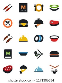 Color and black flat icon set - spoon and fork vector, dish, cafe, menu, plates, waiter, steak, kebab, hamburger, bowl, sushi