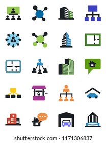 Color and black flat icon set - hierarchy vector, well, molecule, hospital, office building, garage, plan, home message