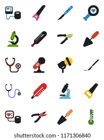 Color and black flat icon set - trowel vector, pruner, saw, stethoscope, blood pressure, thermometer, heart diagnostic, microscope, scalpel, microphone