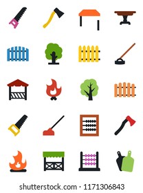 Color and black flat icon set - fence vector, tree, saw, fire, hoe, axe, abacus, table, alcove, cutting board