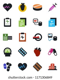 Color and black flat icon set - heart pulse vector, diagnosis, syringe, blood pressure, pills, blister, tomography, real, clipboard, hospital