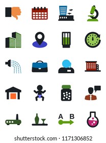 Color and black flat icon set - baby vector, airport building, speaking man, calendar, watering, microscope, pills bottle, pin, warehouse, route, finger down, case, office, support, alcohol, drink
