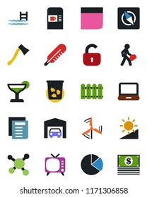 Color and black flat icon set - coffee machine vector, trash bin, document, axe, thermometer, molecule, tv, laptop pc, brightness, compass, pie graph, blank box, manager, pool, windmill, garage