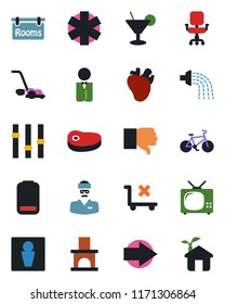 Color and black flat icon set - male vector, right arrow, watering, lawn mower, fireplace, ambulance star, bike, real heart, doctor, no trolley, settings, finger down, low battery, office chair, tv