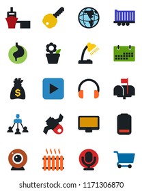 Color and black flat icon set - money bag vector, flower in pot, stomach, satellite, truck trailer, sea port, microphone, headphones, monitor, low battery, play button, calendar, desk lamp, key