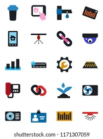 Color and black flat icon set - identity card vector, drip irrigation, sorting, barcode, chain, root setup, air conditioner, intercome, home control app, water filter, warm floor, surveillance