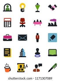 Color and black flat icon set - reception vector, stamp, manager, handshake, speaking man, mail, office chair, case, pennant, meeting, bulb, factory, notes, coffee, building, hr, calculator, pen