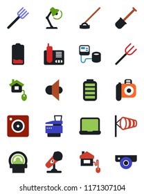 Color and black flat icon set - wind vector, shovel, farm fork, hoe, blood pressure, tomography, camera, microphone, speaker, radio phone, battery, low, mobile, desk lamp, notebook pc, copier, web