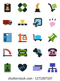 Color and black flat icon set - baggage trolley vector, identity card, pedestal, crisis graph, brainstorm, drawing pin, heart pulse, patch, broken bone, 24 hours, cargo container, car delivery, cut