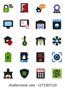 Color and black flat icon set - monitor vector, garage, sweet home, fireplace, wireless lock, water heater, snowflake, control app, washer, thermometer, gate, eye scan, protect, sun panel, door