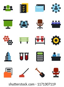 Color and black flat icon set - gear vector, hierarchy, office chair, meeting, job, hoe, bench, blood test vial, presentation board, building, document folder, hr, calculator, checklist, mail, group