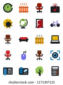 Color and black flat icon set - bomb in case vector, globe, office chair, mouse, tree, sun, bike, phone, notebook pc, cushioned furniture, heater, intercome, eye scan, door, clock, calculator