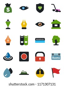 Color and black flat icon set - book vector, pennant, money bag, tree, lawn mower, heart shield, lungs, eye, record, lock, ink pen, house, mountains, rooms, reserved, water, flag
