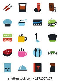 Color and black flat icon set - spoon and fork vector, coffee, plant label, seeds, diet, dish, cook hat, wine card, drink, cafe table, open close, credit, restaurant receipt, steak, kebab, ladle