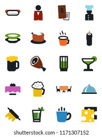 Color and black flat icon set - coffee vector, waiter, cook, dish, restaurant table, drink, cocktail, phyto bar, beer, plates, candle, cafe, receipt, chicken, ham, hot dog, rolling pin, cheese