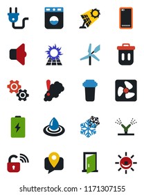 Color and black flat icon set - mobile tracking vector, phone back, power plug, fan, wireless lock, irrigation, snowflake, gear, water, filter, washer, smoke detector, sound, trash bin, sun panel