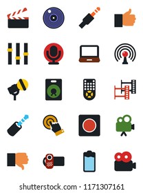 Color and black flat icon set - clapboard vector, film frame, vinyl, microphone, antenna, settings, video camera, remote control, touch screen, laptop pc, speaker, finger up, down, battery, record