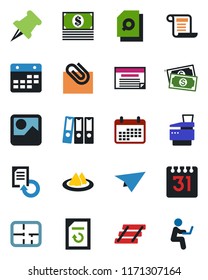 Color and black flat icon set - document reload vector, cash, paper pin, gallery, calendar, clip, search, binder, tray, copier, plan, serviette, plane, schedule, contract, man with notebook