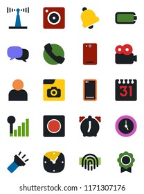 Color and black flat icon set - antenna vector, phone back, call, message, mobile camera, user, clock, alarm, bell, record, calendar, torch, fingerprint id, video, photo gallery, cellular signal