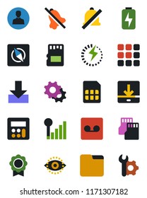 Color and black flat icon set - menu vector, settings, user, calculator, record, sd, sim, folder, download, mute, compass, eye id, cellular signal, charge, sertificate, root setup