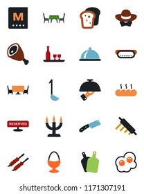 Color and black flat icon set - dish vector, alcohol, menu, reserved, waiter, egg stand, bread, candle, cafe table, dress code, kebab, ham, hot dog, ladle, rolling pin, cutting board, knife
