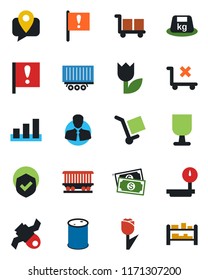 Color and black flat icon set - railroad vector, important flag, satellite, cash, client, mobile tracking, truck trailer, fragile, cargo, no trolley, tulip, sorting, shield, heavy, oil barrel, rack