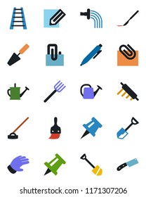 Color and black flat icon set - pen vector, drawing pin, job, pencil, trowel, shovel, farm fork, ladder, watering can, glove, hoe, scalpel, themes, paper clip, rolling, knife
