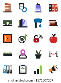 Color and black flat icon set - fence vector, checkroom, office building, growth statistic, document reload, seedling, pulse clipboard, navigation, railroad, music, paper binder, water supply