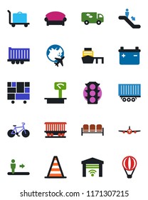 Color and black flat icon set - baggage trolley vector, escalator, waiting area, border cone, plane, globe, bike, railroad, traffic light, truck trailer, sea port, consolidated cargo, heavy scales