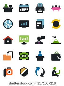 Color and black flat icon set - reception vector, meeting, manager place, statistic monitor, term, folder document, shield, camera, network, speaker, update, news, printer, house, eye scan, wallet
