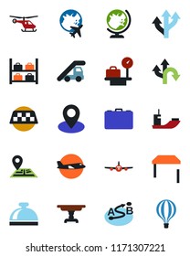 Color and black flat icon set - taxi vector, reception bell, globe, ladder car, plane, helicopter, luggage storage, scales, case, route, navigation, pin, sea shipping, table, air balloon
