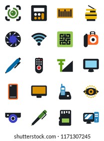 Color and black flat icon set - pen vector, barcode, camera, monitor, radio phone, back, mobile, calculator, sd, wireless, eye id, cellular signal, copier, chip, remote control, web, pc